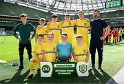 11 June 2025; Scoil Bhríde, Mullaghrafferty, Monaghan, players; Conall Duffy, Dan Kindlon, Callum Mullen, Callum Griffin, Rian McEneaney, Ryan Kelly, Fionn Farrelly, Daire Flaherty and teachers Shane Donnelly and Noah Donnelly before the FAI Primary 5s Finals Day at the Aviva Stadium in Dublin. Photo by Seb Daly/Sportsfile