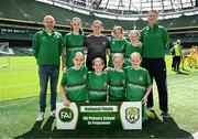 11 June 2025; Lankill NS, Aughagower, Westport, Mayo, players; Shona Gibbons, Sophie Collins, Karla Gibbons, Aine Hughes, Abbie Collins, Jennifer McGuire, Róisín O’Malley, Holly Vahey and teachers Pat Morrison and Ciarán Hynes before the FAI Primary 5s Finals Day at the Aviva Stadium in Dublin. Photo by Seb Daly/Sportsfile