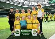 11 June 2025; St Felim’s NS, Ballinagh, Cavan, players; Sara Pusmucane, Muireann McSeain, Moya Crowe, Leona Fitzpatrick, Alannah Martin, Fainche McSeain, Alicia McAloon, Rose Connolly and teachers Louise Maguire and Róisín Martin before the FAI Primary 5s Finals Day at the Aviva Stadium in Dublin. Photo by Seb Daly/Sportsfile