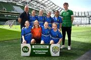 11 June 2025; St Patrick’s NS, Diswellstown, Dublin, players; Andrea Inglis, Annie Cooney, Anna Ryan, Rachel Nolan, Rebecca Farrell, Ciara Williams, Ruby Finnigan, Stella Toomey and teachers Barry Neville and Conor Ryan during the FAI Primary 5s Finals Day at the Aviva Stadium in Dublin. Photo by Seb Daly/Sportsfile