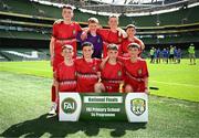 11 June 2025; Scoil Niocláis, Corcaigh, players; Tom Butler, Darragh Fields, David Vojnovic, Ned MacSweeney, Harry Randles, John Sweeney, Luke McManus, Senan Ring during the FAI Primary 5s Finals Day at the Aviva Stadium in Dublin. Photo by Seb Daly/Sportsfile
