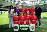 11 June 2025; Monaleen NS, Limerick, players; Faye Foley, Jolie O’Brien, Kate Sheehan, Emma Sheahan, Esme McDonald, Aoife Halley, Gwen McDonald, Isabelle McPhillips, Olivia Morgan and Louise O'Sullivan and teachers Fiachra Mac Craith and Shauna Hanrahan during the FAI Primary 5s Finals Day at the Aviva Stadium in Dublin. Photo by Seb Daly/Sportsfile