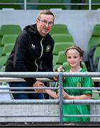 11 June 2025; Ruby Ní Mhaonaigh of Scoil Fhursa, Gaillimh, is presented with her Player of the Tournament award for the girls section B cup, for medium schools, by Richard Berkeley, FAI Schools, during the FAI Primary 5s Finals Day at the Aviva Stadium in Dublin. Photo by Seb Daly/Sportsfile