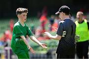 11 June 2025; Glanduff NS, Roscommon, players Ryan O’Shaughnessy, left, and Seán Reynolds after their side's victory during the FAI Primary 5s Finals Day at the Aviva Stadium in Dublin. Photo by Seb Daly/Sportsfile