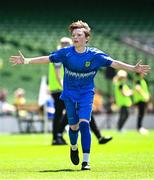 11 June 2025; Kai Phoenix of Kentstown NS, Meath, celebrates after scoring a goal during the FAI Primary 5s Finals Day at the Aviva Stadium in Dublin. Photo by Seb Daly/Sportsfile