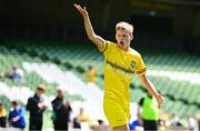 11 June 2025; Callum Mullen of Scoil Bhríde, Mullaghrafferty, Monaghan, celebrates after scoring a goal during the FAI Primary 5s Finals Day at the Aviva Stadium in Dublin. Photo by Seb Daly/Sportsfile