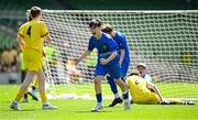 11 June 2025; Max Kearns of Kentstown NS, Meath, celebrates a goal for his team during the FAI Primary 5s Finals Day at the Aviva Stadium in Dublin. Photo by Seb Daly/Sportsfile