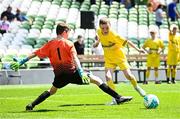 11 June 2025; Rian McEneaney of Scoil Bhríde, Mullaghrafferty, Monaghan, right, in action against Tomás Melia of Kentstown NS, Meath, during the FAI Primary 5s Finals Day at the Aviva Stadium in Dublin. Photo by Seb Daly/Sportsfile