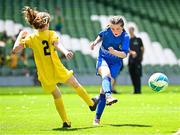 11 June 2025; Emily Redmond of Marshalstown NS, Wexford, in action against Muireann McSeain of St Felim’s NS, Ballinagh, Cavan, during the FAI Primary 5s Finals Day at the Aviva Stadium in Dublin. Photo by Seb Daly/Sportsfile