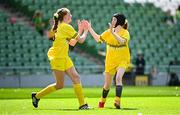 11 June 2025; Alicia McAloon of St Felim’s NS, Ballinagh, Cavan, right, celebrates with teammate Fainche McSeain after scoring a goal during the FAI Primary 5s Finals Day at the Aviva Stadium in Dublin. Photo by Seb Daly/Sportsfile