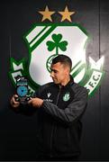 12 June 2025; Graham Burke of Shamrock Rovers poses for a portrait with his SSE Airtricity / SWI Player of the Month Award for May 2025 at Shamrock Rovers Football Club Academy in Kingswood Cross, Dublin. Photo by Ben McShane/Sportsfile