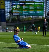 11 June 2025; Sonny Mac Eiteagáin-Murchú of Gaelscoil Uí Chéadaigh, Wicklow, celebrates after scoring a goal during the FAI Primary 5s Finals Day at the Aviva Stadium in Dublin. Photo by Seb Daly/Sportsfile