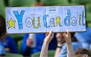 11 June 2025; A supporter holds up a sign during the FAI Primary 5s Finals Day at the Aviva Stadium in Dublin. Photo by Seb Daly/Sportsfile