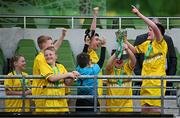 11 June 2025; Scoil Íosagáin, Buncrana, Inishowen, Donegal, captain Danny Bradley, right, and teammates celebrate with the trophy after winning the Football For All Qualifiers during the FAI Primary 5s Finals Day at the Aviva Stadium in Dublin. Photo by Seb Daly/Sportsfile
