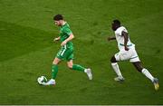 6 June 2025; Robbie Brady of Republic of Ireland in action against Antoine Mendy of Senegal during the international friendly match between Republic of Ireland and Senegal at the Aviva Stadium in Dublin. Photo by Piaras Ó Mídheach/Sportsfile