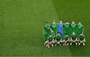 6 June 2025; The Republic of Ireland team, back row, from left, Adam Idah, Nathan Collins, Caoimhin Kelleher, Matt Doherty, Dara O'Shea and Jack Taylor; front row, from left, Kasey McAteer, Robbie Brady, Jason Knight, Will Smallbone and Ryan Manning; before the international friendly match between Republic of Ireland and Senegal at the Aviva Stadium in Dublin. Photo by Piaras Ó Mídheach/Sportsfile