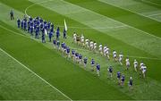 8 June 2025; Players in the parade before the Joe McDonagh Cup final match between Kildare and Laois at Croke Park in Dublin. Photo by Piaras Ó Mídheach/Sportsfile