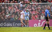 7 June 2025; Cork goalkeeper Patrick Collins and Limerick goalkeeper Nickie Quaid during the penalty shoot-out of the Munster GAA Hurling Senior Championship final match between Limerick and Cork at TUS Gaelic Grounds in Limerick. Photo by Piaras Ó Mídheach/Sportsfile