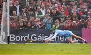 7 June 2025; Limerick goalkeeper Nickie Quaid saves a penalty from Darragh Fitzgibbon of Cork during the penalty shoot-out of the Munster GAA Hurling Senior Championship final match between Limerick and Cork at TUS Gaelic Grounds in Limerick. Photo by Piaras Ó Mídheach/Sportsfile