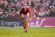 7 June 2025; Darragh Fitzgibbon of Cork holds his leg after picking up an injury taking a penalty during the penalty shoot-out of the Munster GAA Hurling Senior Championship final match between Limerick and Cork at TUS Gaelic Grounds in Limerick. Photo by Piaras Ó Mídheach/Sportsfile