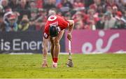 7 June 2025; Darragh Fitzgibbon reacts after picking up an injury taking a penalty during the penalty shoot-out of the Munster GAA Hurling Senior Championship final match between Limerick and Cork at TUS Gaelic Grounds in Limerick. Photo by Piaras Ó Mídheach/Sportsfile