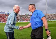 7 June 2025; Referee Thomas Walsh with standy referee/linesman James Owens before the Munster GAA Hurling Senior Championship final match between Limerick and Cork at TUS Gaelic Grounds in Limerick. Photo by Piaras Ó Mídheach/Sportsfile