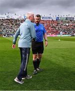 7 June 2025; Referee Thomas Walsh with Limerick manager John Kiely before the Munster GAA Hurling Senior Championship final match between Limerick and Cork at TUS Gaelic Grounds in Limerick. Photo by Piaras Ó Mídheach/Sportsfile