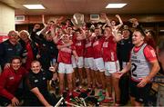 7 June 2025; Cork players celebrate in the dressing room after their side's victory in the Munster GAA Hurling Senior Championship final match between Limerick and Cork at TUS Gaelic Grounds in Limerick. Photo by Piaras Ó Mídheach/Sportsfile