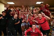 7 June 2025; Cork players celebrate in the dressing room after their side's victory in the Munster GAA Hurling Senior Championship final match between Limerick and Cork at TUS Gaelic Grounds in Limerick. Photo by Piaras Ó Mídheach/Sportsfile