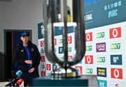 12 June 2025; Head coach Leo Cullen looks at the trophy as he arrives for a Leinster Rugby media conference at Croke Park in Dublin. Photo by Piaras Ó Mídheach/Sportsfile