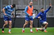 12 June 2025; Dan Sheehan, left, James Lowe, centre, and Max Deegan during a Leinster Rugby captain's run at Croke Park in Dublin. Photo by Piaras Ó Mídheach/Sportsfile