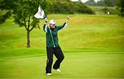 12 June 2025; RTÉ presenter Jacqui Hurley celebrates a missed putt by David Gillick during the annual Team Ireland Olympic Golf Fundraiser at The K Club in Kildare in support of the Make a Difference fund, helping athletes pursue their sporting dreams. Photo by David Fitzgerald/Sportsfile