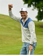 12 June 2025; Former Republic of Ireland international soccer player Niall Quinn celebrates a putt in the company of Cyril O’Neill and RTÉ presenter Des Cahill during the annual Team Ireland Olympic Golf Fundraiser at The K Club in Kildare in support of the Make a Difference fund, helping athletes pursue their sporting dreams. Photo by David Fitzgerald/Sportsfile