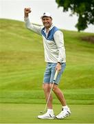 12 June 2025; Former Republic of Ireland international soccer player Niall Quinn celebrates a putt in the company of Cyril O’Neill and RTÉ presenter Des Cahill during the annual Team Ireland Olympic Golf Fundraiser at The K Club in Kildare in support of the Make a Difference fund, helping athletes pursue their sporting dreams. Photo by David Fitzgerald/Sportsfile