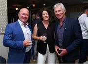 12 June 2025; Irish Olympian Eamonn Coghlan, right, with MC Alan Short and Colette Poland during the annual Team Ireland Olympic Golf Fundraiser at The K Club in Kildare in support of the Make a Difference fund, helping athletes pursue their sporting dreams. Photo by Matt Browne/Sportsfile