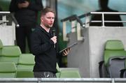 11 June 2025; MC Jamie Moore during the FAI Primary 5s Finals Day at the Aviva Stadium in Dublin. Photo by Seb Daly/Sportsfile