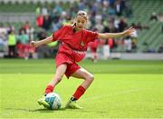 11 June 2025; Esme McDonald of Monaleen NS, Limerick, scores an goal during the FAI Primary 5s Finals Day at the Aviva Stadium in Dublin. Photo by Seb Daly/Sportsfile