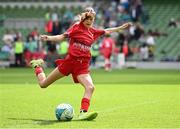 11 June 2025; Esme McDonald of Monaleen NS, Limerick, scores an goal during the FAI Primary 5s Finals Day at the Aviva Stadium in Dublin. Photo by Seb Daly/Sportsfile
