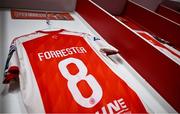 13 June 2025; The jersey of Chris Forrester of St Patrick's Athletic is seen hanging in the dressing room before the SSE Airtricity Men's Premier Division match between St Patrick's Athletic and Drogheda United at Richmond Park in Dublin. Photo by Shauna Clinton/Sportsfile