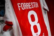 13 June 2025; The jersey of Chris Forrester of St Patrick's Athletic is seen hanging in the dressing room before the SSE Airtricity Men's Premier Division match between St Patrick's Athletic and Drogheda United at Richmond Park in Dublin. Photo by Shauna Clinton/Sportsfile