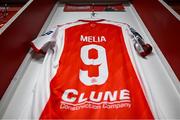 13 June 2025; The jersey of Mason Melia of St Patrick's Athletic is seen hanging in the dressing room before the SSE Airtricity Men's Premier Division match between St Patrick's Athletic and Drogheda United at Richmond Park in Dublin. Photo by Shauna Clinton/Sportsfile