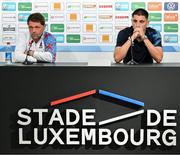9 June 2025; Head coach Luc Holtz and Seid Korac during a Luxembourg press conference at the Stade de Luxembourg in Luxembourg. Photo by Stephen McCarthy/Sportsfile