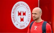 13 June 2025; Kerr McInroy of Shelbourne arrives for the SSE Airtricity Men's Premier Division match between Shelbourne and Shamrock Rovers at Tolka Park in Dublin. Photo by Stephen McCarthy/Sportsfile