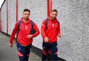 13 June 2025; John O'Sullivan, left, and Paddy Barrett of Shelbourne arrive for the SSE Airtricity Men's Premier Division match between Shelbourne and Shamrock Rovers at Tolka Park in Dublin. Photo by Stephen McCarthy/Sportsfile