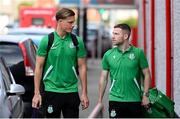 13 June 2025; Daniel Cleary, left, and Jack Byrne of Shamrock Rovers arrive for the SSE Airtricity Men's Premier Division match between Shelbourne and Shamrock Rovers at Tolka Park in Dublin. Photo by Stephen McCarthy/Sportsfile