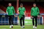13 June 2025; Shamrock Rovers players, from left, Gary O'Neill, Dylan Watts and Adam Matthews before the SSE Airtricity Men's Premier Division match between Shelbourne and Shamrock Rovers at Tolka Park in Dublin. Photo by Stephen McCarthy/Sportsfile