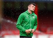 13 June 2025; Josh Honohan of Shamrock Rovers is hit by the water sprinklers before the SSE Airtricity Men's Premier Division match between Shelbourne and Shamrock Rovers at Tolka Park in Dublin. Photo by Stephen McCarthy/Sportsfile