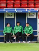 13 June 2025; Shamrock Rovers players, from left, Sean Kavanagh, Graham Burke and Aaron McEneff before the SSE Airtricity Men's Premier Division match between Shelbourne and Shamrock Rovers at Tolka Park in Dublin. Photo by Stephen McCarthy/Sportsfile