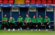 13 June 2025; Shelbourne players, from left, goalkeeper Lee Stacey, Darragh Nugent, Danny Mandroiu, Daniel Cleary, Sean Kavanagh, Graham Burke and Aaron McEneff before the SSE Airtricity Men's Premier Division match between Shelbourne and Shamrock Rovers at Tolka Park in Dublin. Photo by Stephen McCarthy/Sportsfile