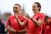 13 June 2025; Shelbourne's Harry Wood, right, and Evan Caffrey before the SSE Airtricity Men's Premier Division match between Shelbourne and Shamrock Rovers at Tolka Park in Dublin. Photo by Stephen McCarthy/Sportsfile